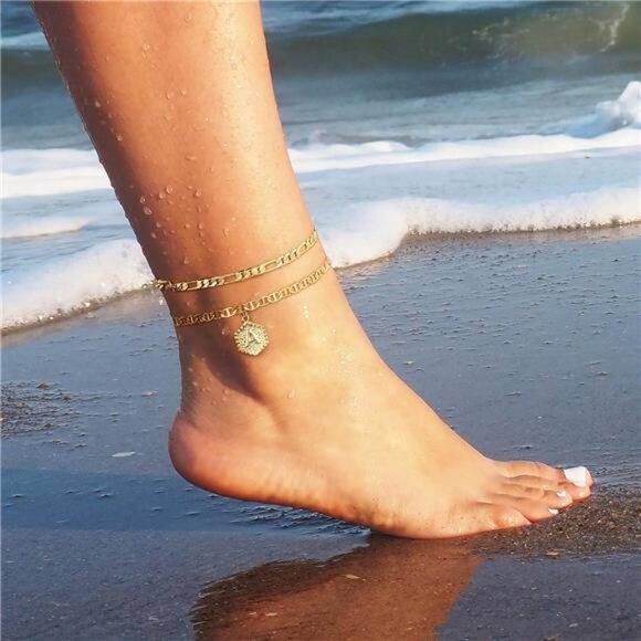 Initial Ankle Bracelets for Women, 14K Gold Plated Double Layered Initial Anklet - Picture 6 of 7